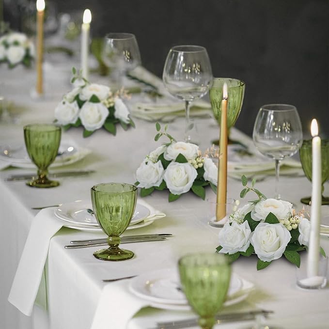 BLOSMON Artificial Flowers Ball Wedding Centerpieces 2 Pcs White Rose Artificial Flower Center Pieces Decoration for Table Silk Kissing Ball Faux Floral Bouquet Arrangements for Home Party DIY Decor