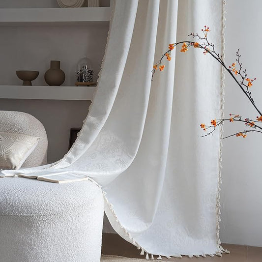 ENJOYBRIDAL Cream Damask 84 Inch Curtains for Living Room Semi Sheer Drapes Bedroom Medallion Patterned Floor Length Window Curtain Panels Jacquard Rod Pocket 2 Panels Dining Room Window Treatments