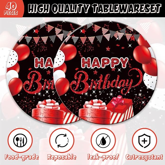 40Pcs Red and Black Birthday Decorations Happy Birthday Decorations for Men Women Black and Red Disposable Paper Plates and Napkins Set Party Supplies Serve 20