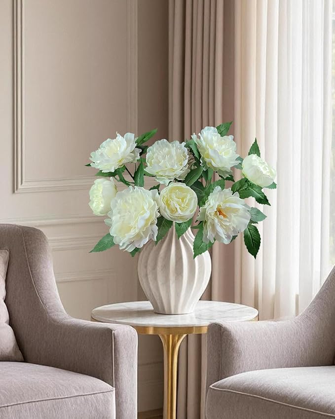 Premium White Peonies Artificial Flowers, Bulk Fake Silk Peony Flowers with Stems, Faux Florals for DIY Wedding Bridal Bouquets, Floral Arrangements, Table Centerpieces, Home Decorations