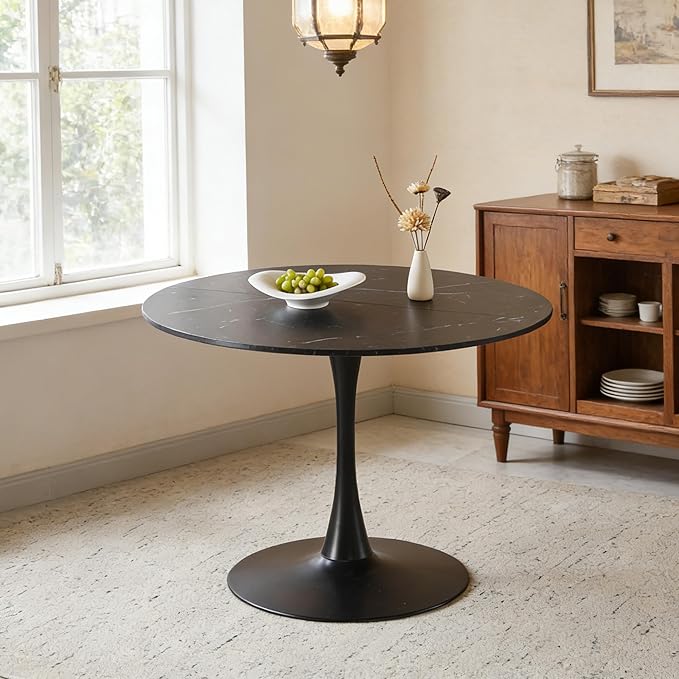 42" Tulip Table for 4-6 Persons Modern Round Dining Table, Mid-Century Modern Black Marble Small Kitchen Table with MDF Wooden Top, Leisure Coffee Table for Living Room, Dining Room, Office