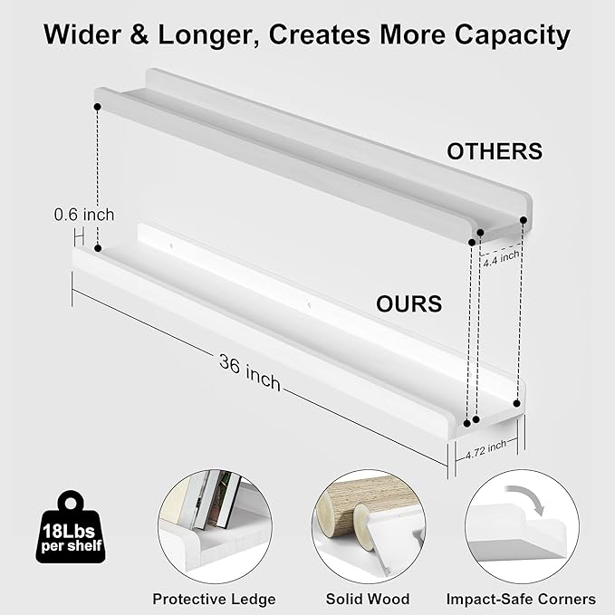 Love-KANKEI 36 Inch Long Floating Shelves Wall Mounted Set of 2, Large Wood Wall Shelves for Storage, Rustic Hanging Shelves for Display,Bedroom Living Room Bathroom Kitchen Office White