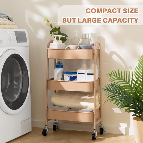 AGTEK 3-Tier Utility Rolling Cart - Lockable Wheels & Metal Storage Organizer for Kitchen, Office, Craft | Blush