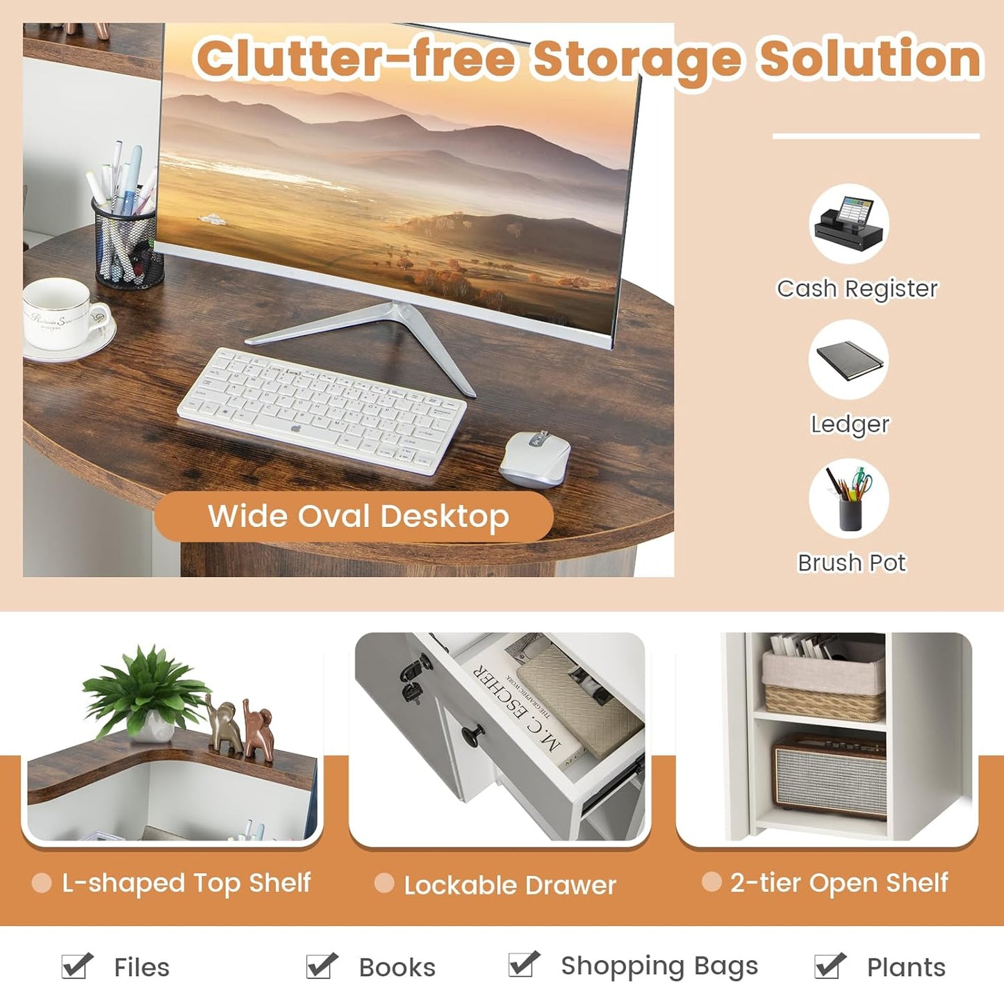 Tangkula Reception Desk - Stylish Front Counter with Lockable Drawer & Adjustable Shelf | Oval Desktop for Salon & Office