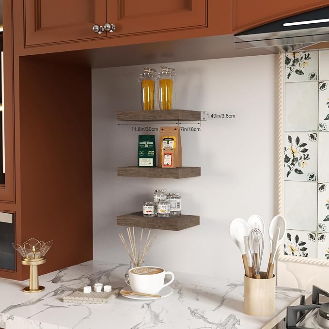 Floating Shelves for Wall, Bathroom Shelves Over Toilet, Wall Shelves & Book Shelf for Room, Hanging Shelf, Wooden Wall-Mounted Small Floating Shelves, 12 x 7 x 1.5 in (Smoke Gray, Set of 3)
