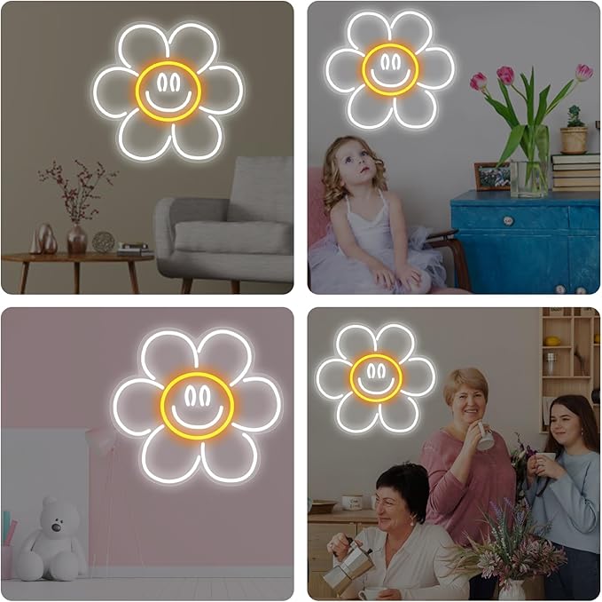 Daisy Smile Face Neon Sign, Sunflower LED Neon Light, Face Neon Signs for Wall Decor,Smile face Neon Signs for Bedroom Wall with Dimmable Switch for Children's Room,Bar, Party,Christmas,Wedding