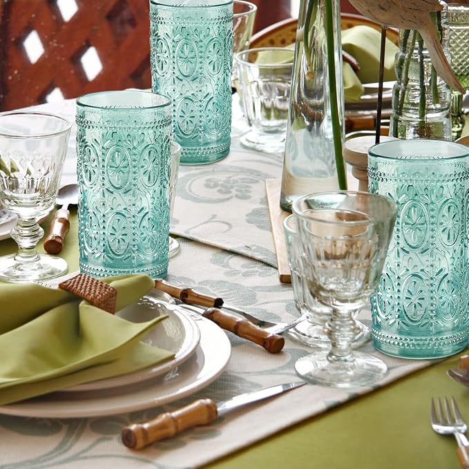 Darlion 6 Pack Highball Embossed Beverage Glass Cup, 12oz Green Glassware Drinking, Vintage Drinking Glasses, Colored Water Glasses for Party Wedding Home Office and Gift