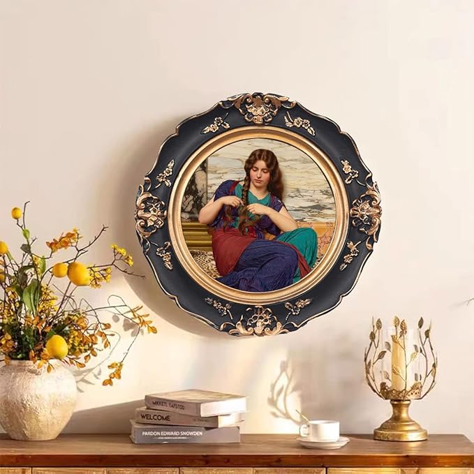 WINPLUS+ Vintage Picture Frames 4x4 Round,Luxury Antique Photo Frames With Golden Embossed Flower Furnishing, Retro Style Decor, Wall and Tabletop Display, Art Gallery (4 * 4-Black)