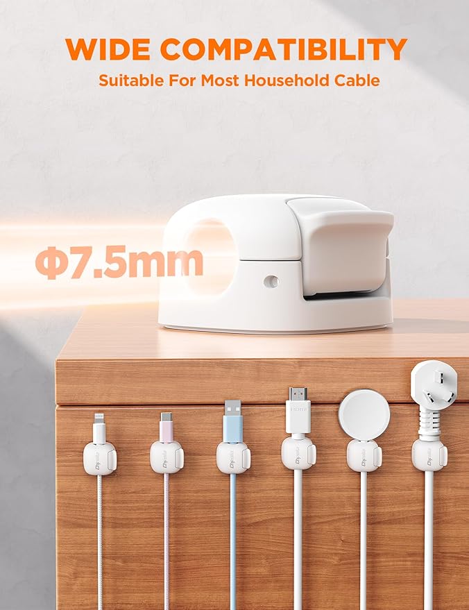 6Pack Cord Organizer, Chfeila Compact Dual Spring & Clasp Lock Cable Management Clips, Adhesive Phone Charger Keeper, Wire Holder for Nightstand/Wall/Car, Home Office Desk Accessories Decor Essentials