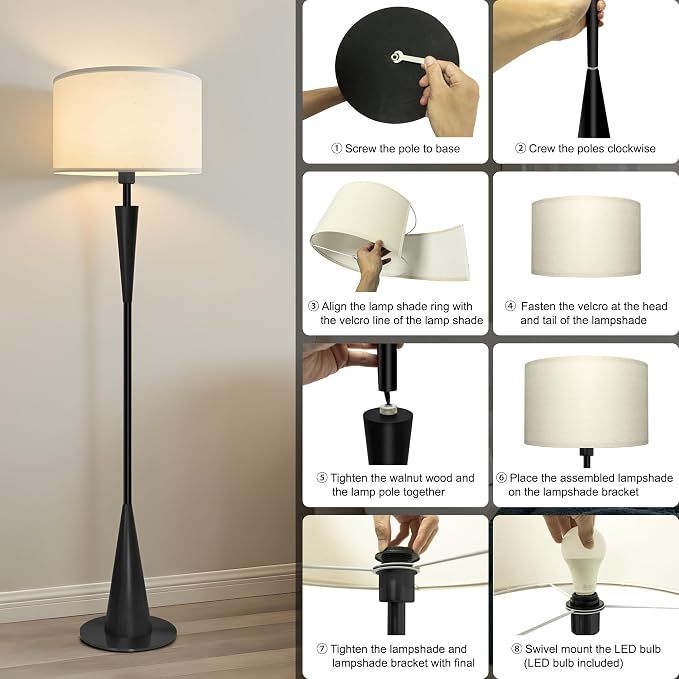 Floor Lamps for Living Room,61.5" Wood Floor Lamp,Retro Farmhouse Standing Lamp Includes 9W Bulb with 3-Color Temperature,Tall Lamp for Bedroom,Dining Room,Living Room,Corner,Black