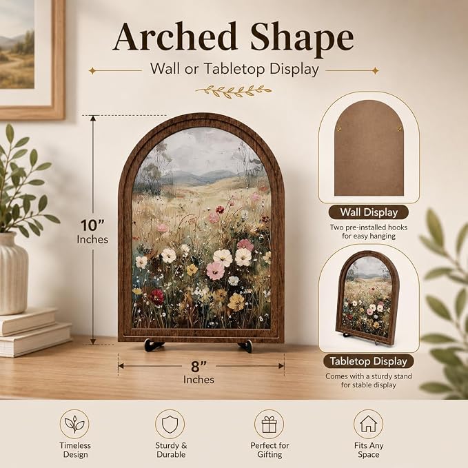 Rustic Farmhouse Tabletop Decor Sign, Arched Wooden Frame with Stand, Soft Wildflower Meadow Art for Living Room Dining Room Bedroom, Warm Gift for Friends