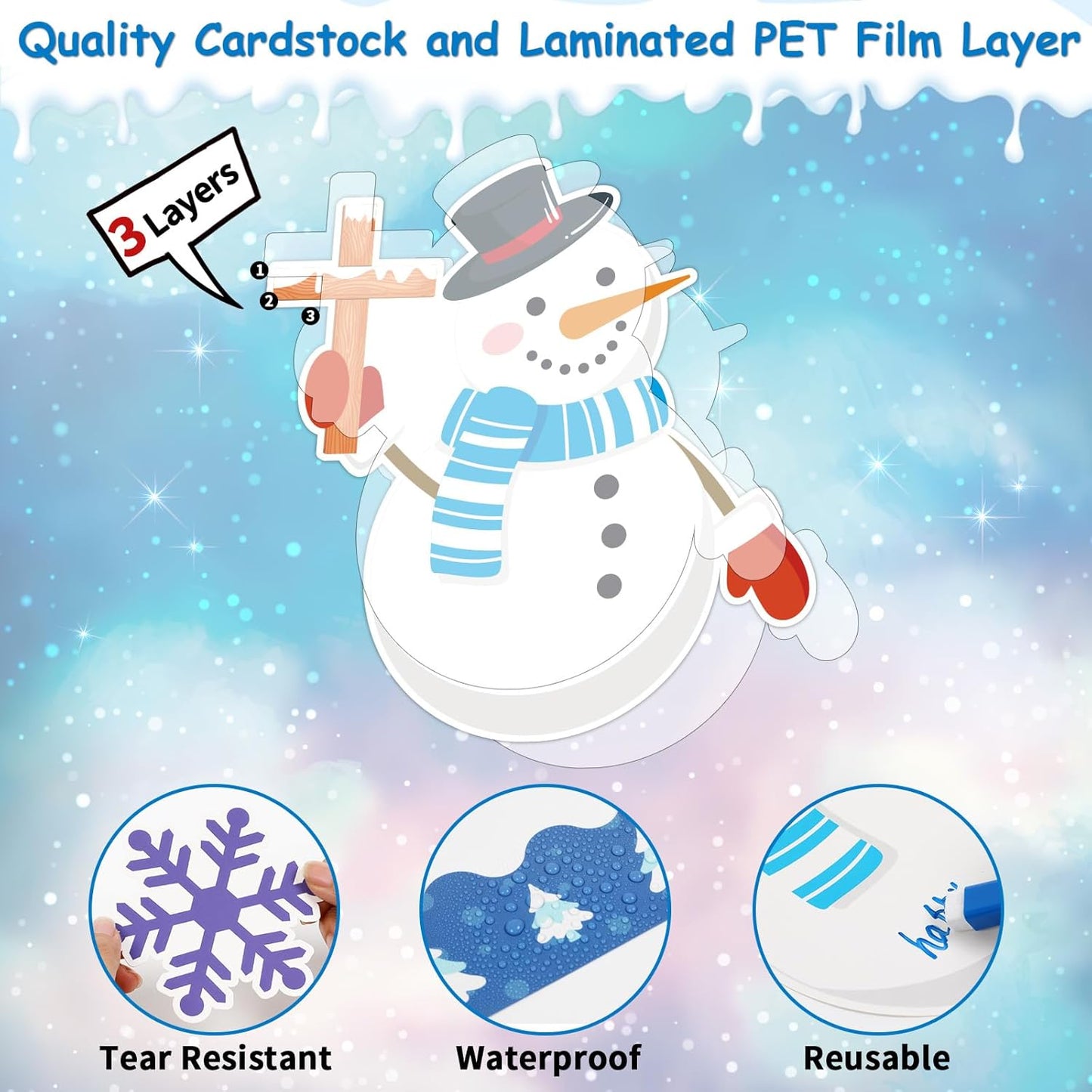 Skiennix Winter Bulletin Board Decoration Set - Snowflakes & Snowman Paper Cutouts | Christmas Classroom & Church Decor
