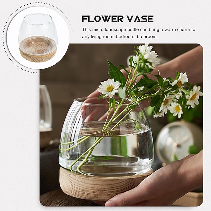 FAVOMOTO Hydroponic Flower Vase with Wooden Base Transparent Glass Micro Landscape Bottle for Desktop Decoration Premium Glass and Wood Material for Home Office Study Plant Display