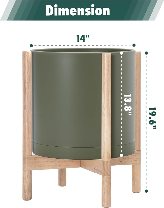 D'vine Dev Planter Pot with Stand - 14 Inch Plastic Cylinder Flower Pot with Wood Planter Holder for Indoor, Olive Pot + Natural Stand, 55-C-S-3