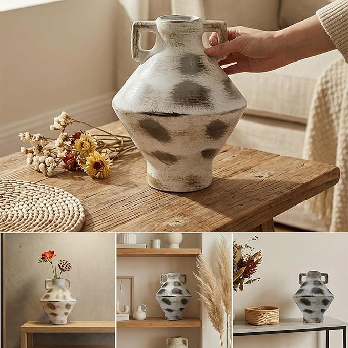 Ceramic Flower Vase, 11 inch Large Rustic Decorative Vases for Centerpieces, Farmhouse Vintage Vase for Home Decor, Dining Table, Living Room,Kitchen, Shelf (White&Brown)