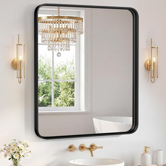 NEWBULIG 36X40 Inch Bathroom Mirror for Over Sink, Wall Vanity Mirrors Tempered Glass, Anti-Rust Metal Framed Rounded Rectangle, Hangs Horizontally or Vertically, Farmhouse Home Decor, Black