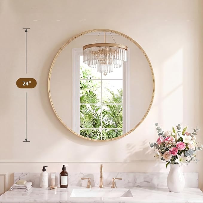 Sweetcrispy Bathroom Round Mirrors for Over Sink, 24 Inch Wall Circle Mirror with Matte Metal Frame, Modern Wall Mount Vanity Mirror for Home Decor, Living Room, Bedroom, Gold