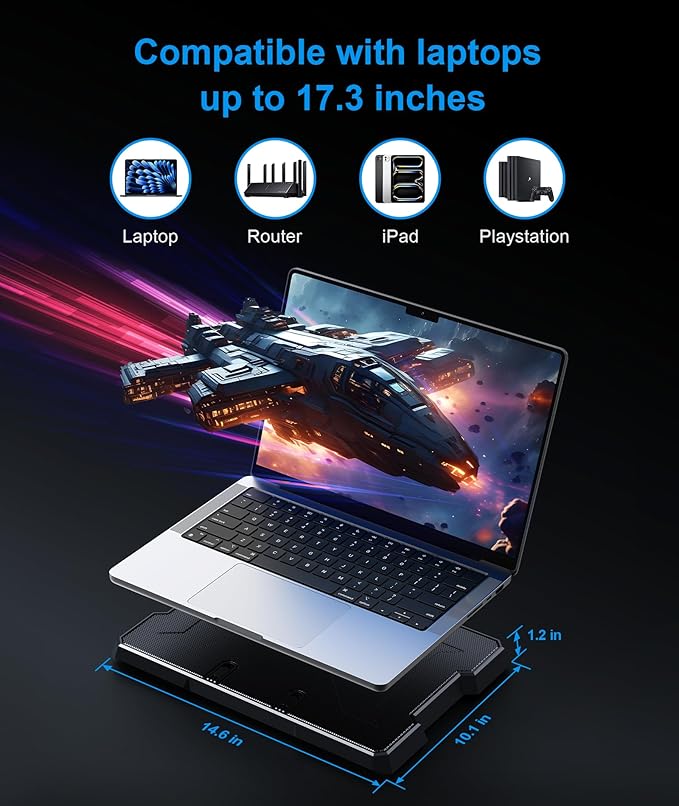 MOKURU Laptop Cooling Pad, Laptop Cooler with 6 Quiet Fans Up to 17.3 Inch Heavy Notebook Cooler Stand, 8 Levels of Tilt, Two Levels of Height Adjustable (Black)