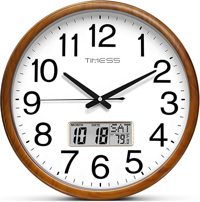 TIMESS Wall Clock, Classic Wood Style Finish, 11 Inch Non-Ticking Silent Battery Operated Quartz Analog with Perpetual Calendar and F° Temperature Display, Home, Office Décor (Wood Yellow)