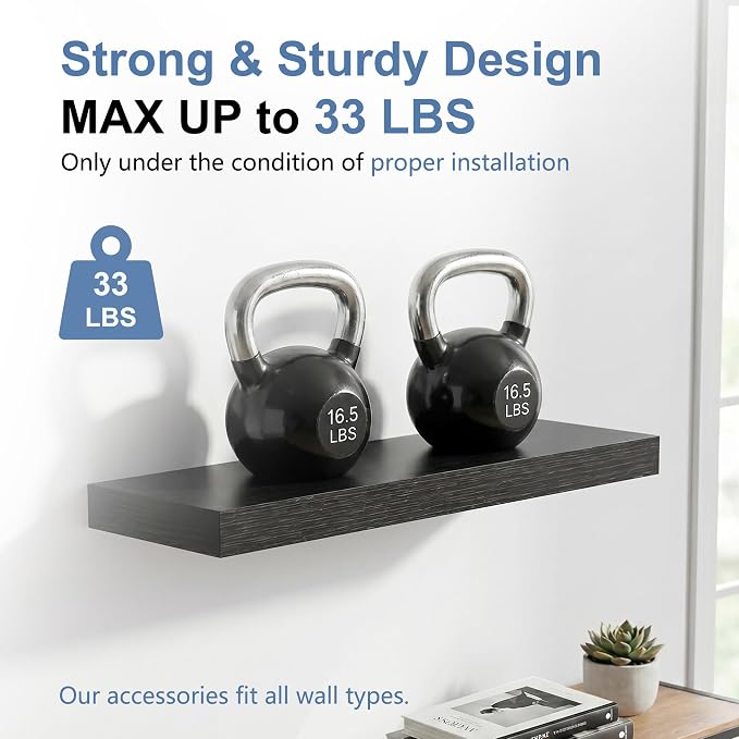 24 Inch Black Floating Shelves for Bathroom Storage, Wall Mounted Wood Shelves for Bedroom, Living Room & Kitchen, Modern Display Shelves Set of 2