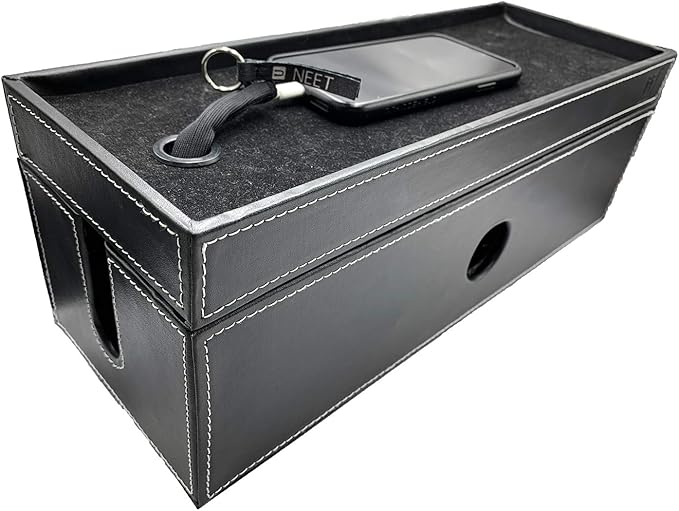 NEET Cable Management Box Large, Computer Cord Organizer, Hide and Conceal, Power Cable Organizer, Computers and Desks, Black Stitched Leather