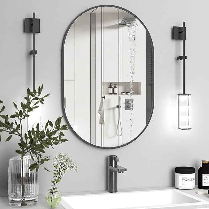 Oval Bathroom Mirror Capsule Wall Mirror, 24"x36" Black Vanity Wall Mounted Mirror, Large Modern Pill Mirrors with Metal Frame, Decor for Entryway, Bedroom, Living Room