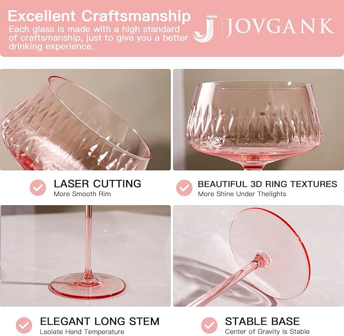 JOVGANK Pink Martini Glasses Set of 6, Hand Blown Cocktail Glass 14Oz, Large Vintage Champagne Coupe Glasses, Crystal Retro Style Bar Party Wedding Gift for Ice Cream Dessert