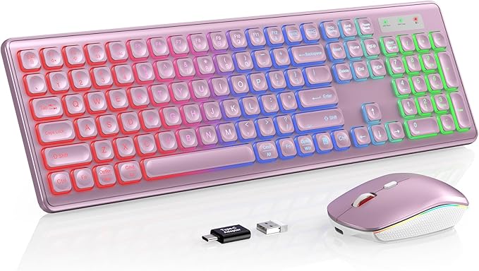 Wireless Keyboard and Mouse Combo, RGB Backlit, Rechargeable & Light Up Letters, Full-Size, Soft Typing, Sleep Mode, 2.4GHz Quiet Keyboard Set for Mac, Windows, Laptop, PC, Trueque (Rose Pink)