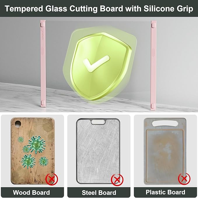 2PCS Glass Cutting Board with Silicone Grip, 80% Stronger Shatter Resistance and Slip Resistance,No Scratches/Microplastic-Free,Dishwasher Safe, Non Toxic Chopping Board for Kitchen (Pink)