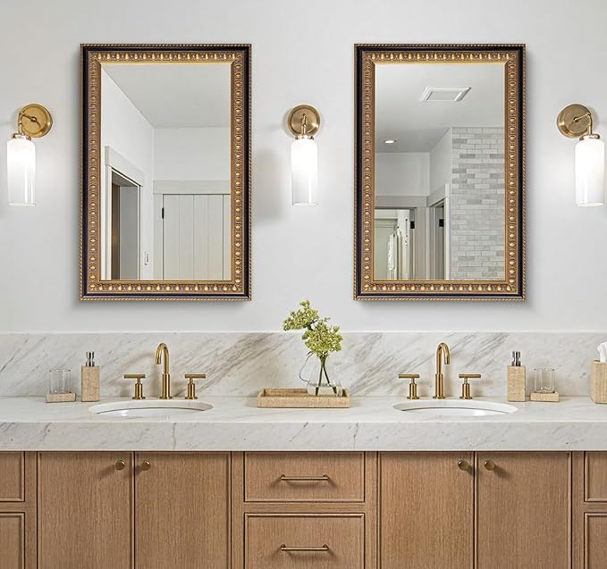 Vintage Mirror for Wall, 36" L x 24" W Baroque Mirror with Carved Wood Frame and Handmade Aged Gold Finish, Horizontal/Vertical Hanging, Rectangular Mirrors for Living Room Bathroom Fireplace