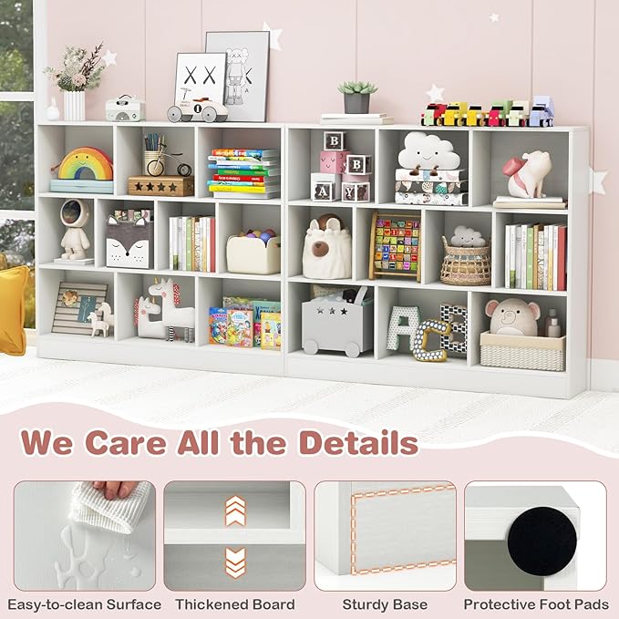 HONEY JOY Kids Toy Storage Organizer, 10-Section Wooden Floor Storage Cabinet, 41” Daycare Toy Chest, 3-Tier Kids Display Bookshelf for Classroom, Playroom & Nursery, Kindergarten (White)