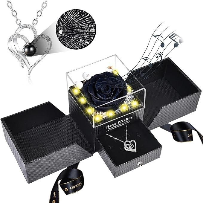 Christmas Birthday Gifts for Women - Preserved Real Rose with I Love You Heart 100-Language Necklace, LED Lights & Music Gift Box, Christmas for Women Girlfriend Mom