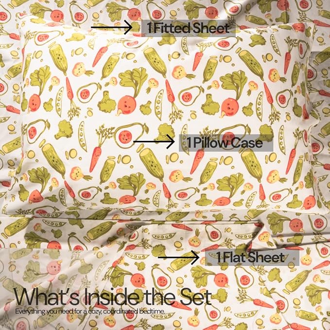 Salt Earth 100% Cotton 210TC Kids Bedsheet, Twin Sheets Set for Toddler Bed, 3 Piece Bedding Set Including Flat Sheet, Fitted Sheet, and Pillowcase, Themed Sheets for a Playful Kids Bed (Veggie)