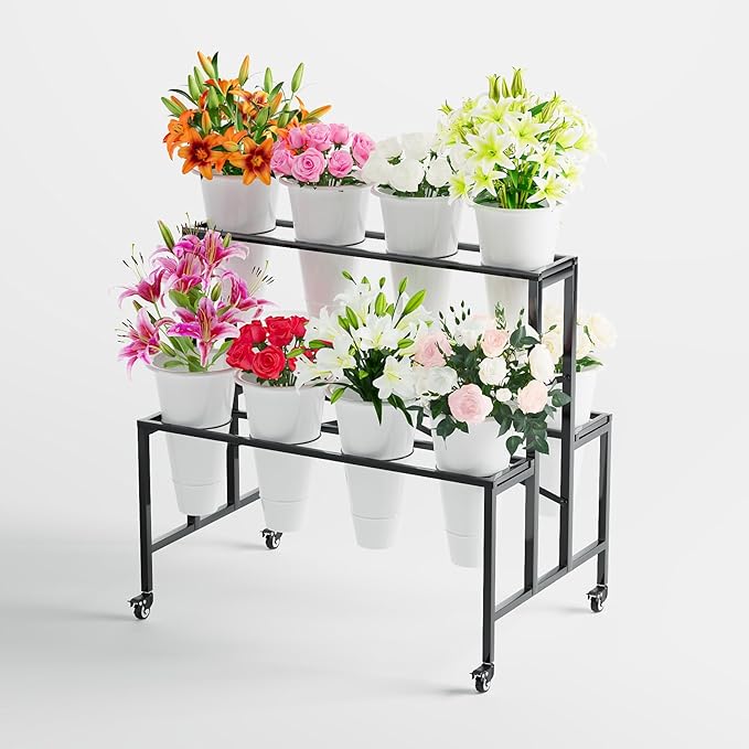 Zhongma Flower Bar Stand Display shelf with White Buckets for Fresh and Diy flowers Bouquet Rack Organizer Heavy Duty Flower Bucket Stand with Wheels