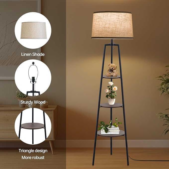 EOEYYOYB 3 Tier Shelf Floor Lamps for Living Room, Modern Standing Lamp with 3 Color Temperature Led Bulb, Tall Lamps for Bedroom and Office, Walnut