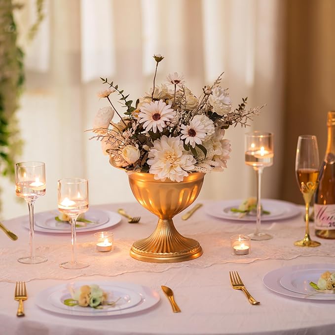 Sziqiqi Gold Vases for Wedding Centerpieces: 8.6in Big Metal Urn Vases Set of 10 Flower Arrangements for Flower Compote Vase for Wedding Decorations Table Pedestal Bowl Vase for Party