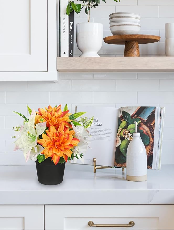 Orange Artificial Flowers Small Fake Flowers in Vase Peonies Dahlia Tiger Lily Potted Silk Flower Arrangements Faux Plants & Flowers Home Bathroom Kitchen Table Centerpieces Desk Decor