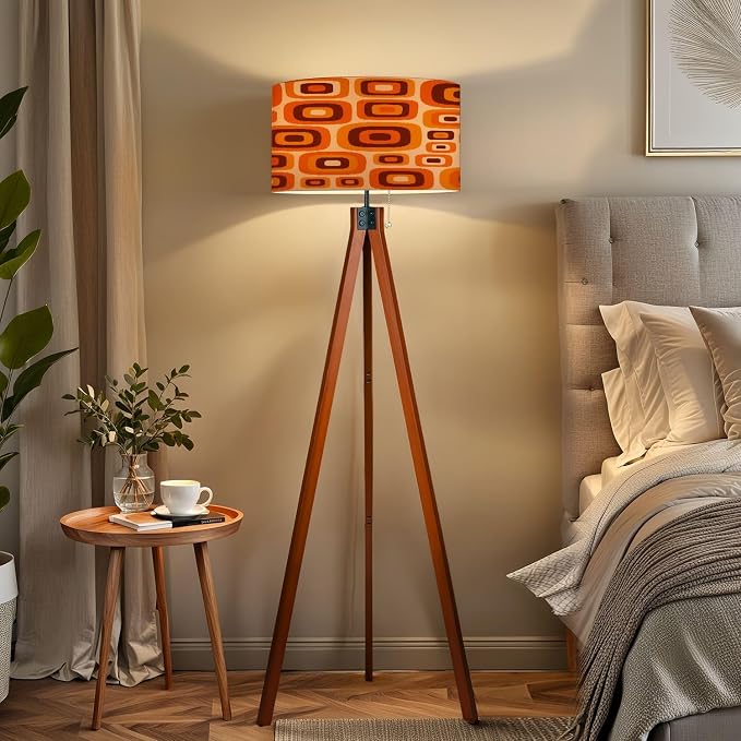 Wood Tripod Floor Lamp 70s Retro Seamless Pattern Orange Brown Yellow Beige 60s 70s Retro Mid Century Standing Lamp Linen Shade Dimmable Modern Tall lamp Home Decor for Living Room Bedroom Office
