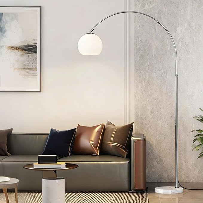 MIXL-Milk Glass Shade Arc Floor Lamp,Marble Base Arch Lamp,Chrome Flexible Rod Standing Light,Modern Floor Lamps for Living Room Office