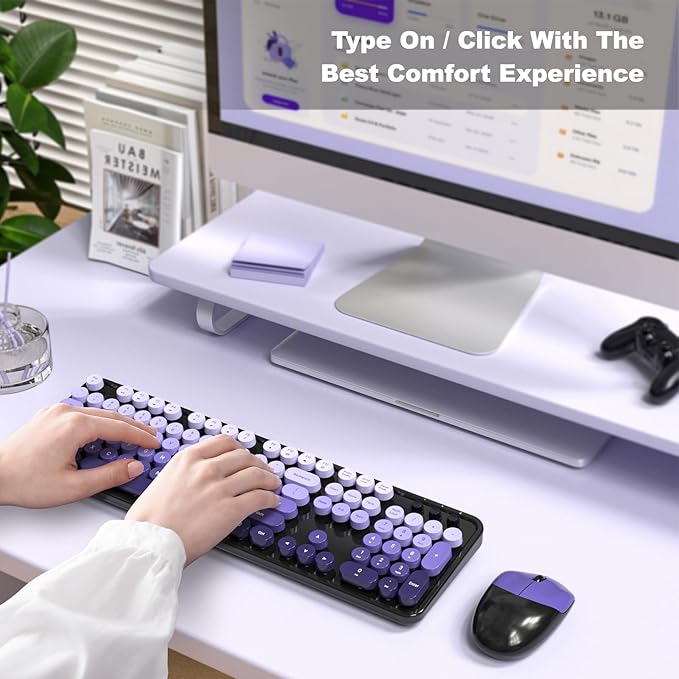 Wireless Keyboard and Mouse Combo, MOWUX Colorful Computer Full Size 2.4G Plug and Play Wireless Typewriter Keyboard and Mouse Set for Computer, Desktop, PC (Black& Purple Gradient)