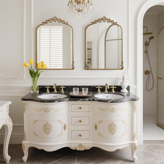 WallBeyond Gold Antique Mirror for Vanity 22x30 Inch, Gold Vintage Mirror with Ornate Frame, Arched Vintage Wall for Bathroom, Living Room, Fireplace