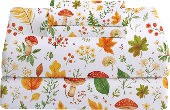 Softan Orange Floral Twin Size Sheet Set, 3-Piece Printed Microfiber Fitted Sheet with 15" Deep Pockets & Non-Slip Straps, Maple Leaves & Mushroom Patterned Bedding Sheets & Pillowcase Set