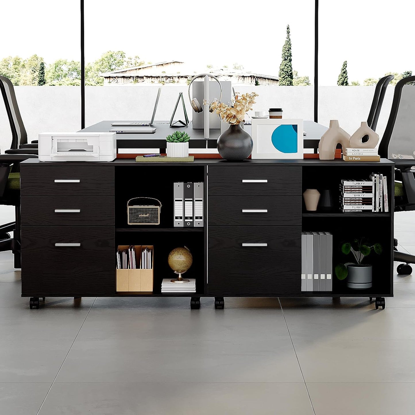 VINGLI 3 Drawer Wood Lateral File Cabinet - Adjustable Shelves & Locking Wheels | Sturdy Black Design for Home Office