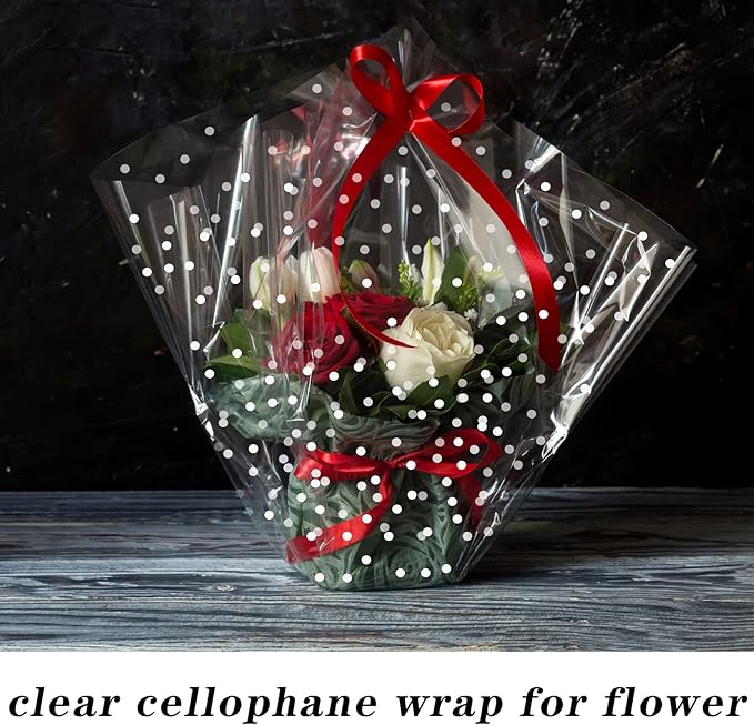 CMFYHM Clear Cellophane Wrap Roll(34" x 120’Ft) 3Mil Polka Dot Cellophane, Cellophane Gift Wrap Roll, Cellophane Wrap for Gifts, Baskets, Flowers, Party Decorations