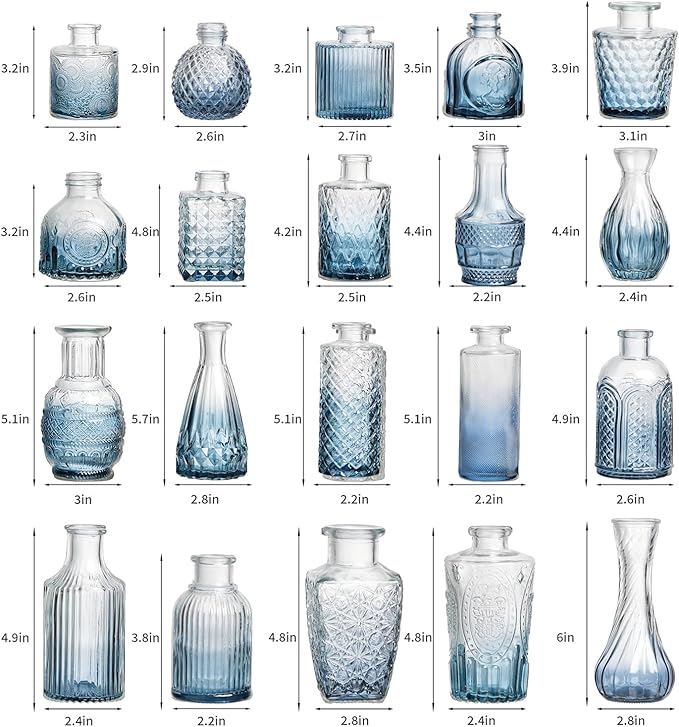 Glass Bud Vase Set of 60 - Small Vases for Flowers in Bulk - Assorted Vintage Crystal Vases for Flowers, Table Centerpieces (Blue, 60 Pcs)