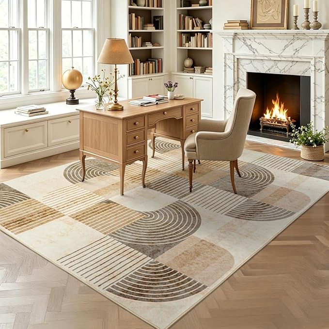 Area Rugs 5x7 Living Room -Washable Modern Geometric Neutral Beige Rug for Bedroom, Soft Non-Slip Indoor Floor Abstract Carpet for Dining Room Nursery Office