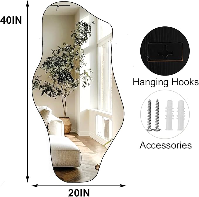 GLSLAND Irregular Wall Mirror 20"x40" - Frameless Wavy Bathroom Mirror with Asymmetrical Edge, Wall Mirrors Decorative for Bedroom, Living Room, Hallway