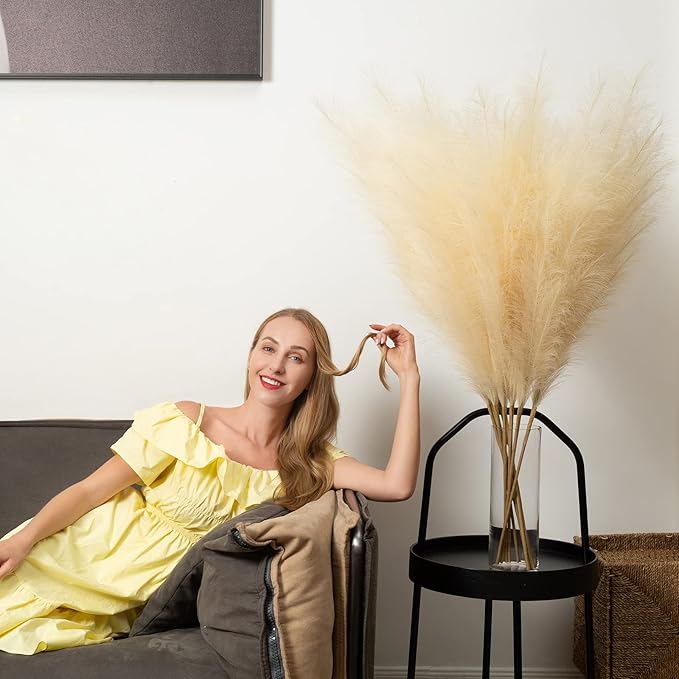 Faux Pampas Grass 6 Stems, Artificial Pampas Grass - 43 inch Total Extra Large Pompass Grass Tall Pompous Boho Flower Arrangement and Floor Vase Filler Home Decor for Room Wedding Party