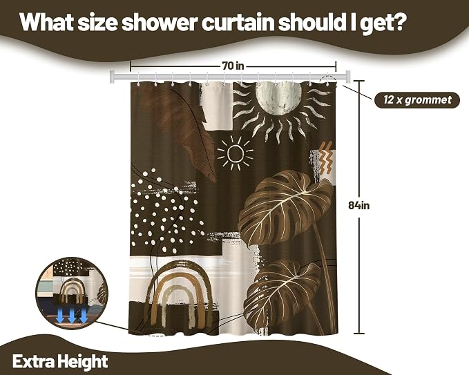 Dark Brown Mid Century Modern Shower Curtain Boho Abstract Khaki Earth Tone Shower Curtains for Bathroom Decor Sets, Waterproof Cloth Fabric with Hooks, 72 x 84 Inch