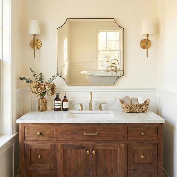 ANDY STAR 30"x30" Gold Vanity Mirror, Square Bathroom Mirror, Antique Brushed Brass Scalloped Mirror in Rust-Proof Stainless Steel Frame, Unique Scalloped Corner Design Ideal for Bathroom Remodel
